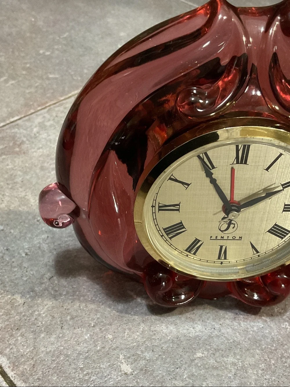 Fenton Glass Mantel Clock with Gold Bezel cranberry